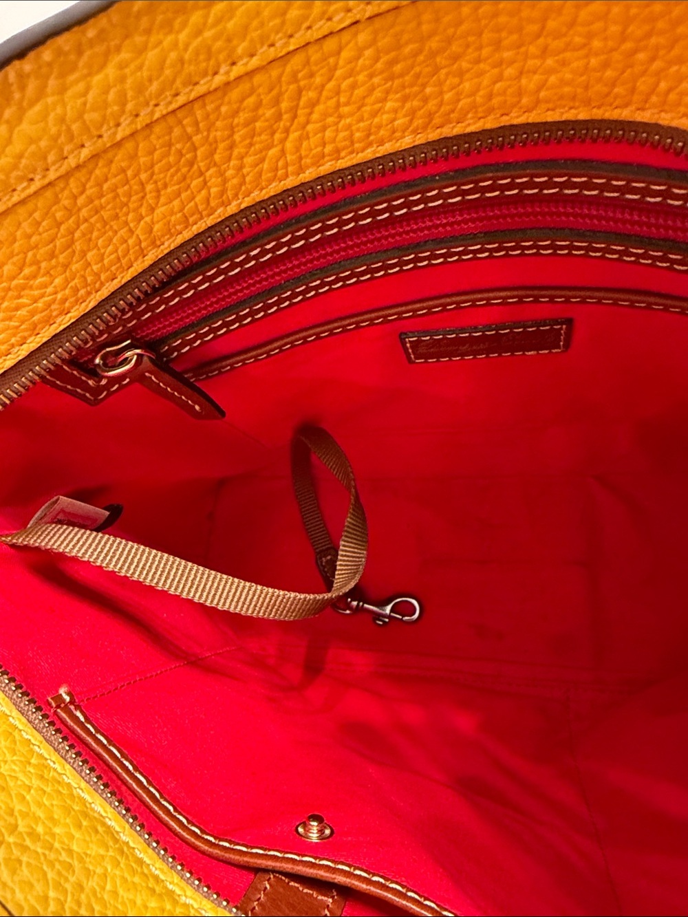Dooney & Bourke Bright Yellow Pebbled Leather Tote with Brown Straps - Picture 6 of 9
